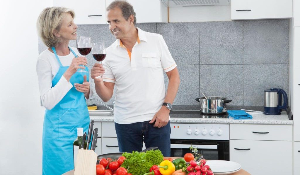 couple with healthy food and wine