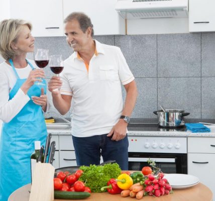 couple with healthy food and wine